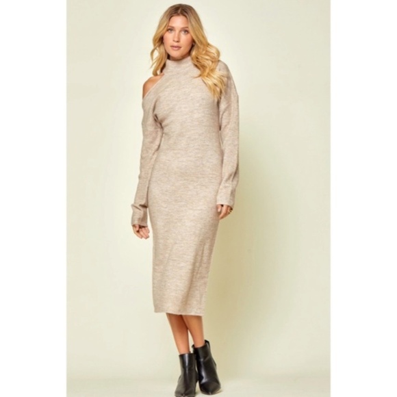Oyster Cold Shoulder Knit Midi Sweater Stretchy Dress - Picture 5 of 6